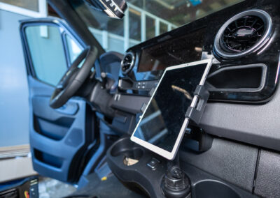 Interior dashboard with tablet of specialty vehicle.