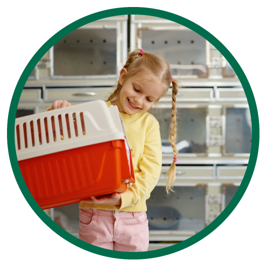 Round image of young girl carrying pet carrier in pet services specialty vehicle