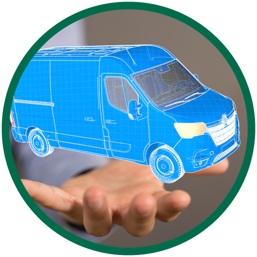 Round image with green outside circle of an open hand with a blue digital van floating over it.