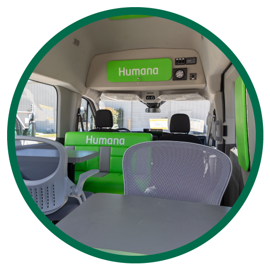 Round image of interior of Humana mobile office specialty vehicle