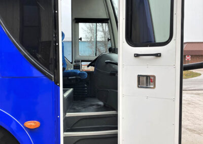 Front entrance door of blood mobile specialty vehicle.