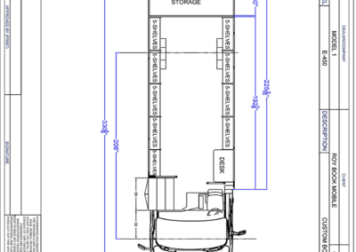 Blueprint of Educational Bookmobile specialty vehicle showing floorplan.