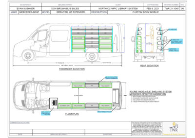 Blueprint of educational bookmobile specialty vehicle showing floorplan from top and side.