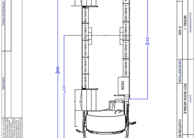 Blueprint of Bookmobile specialty vehicle showing floorplan.