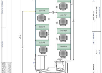 Blueprint of educational mobile classroom showing floorplan.