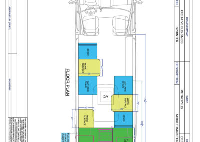 Mobile marketing specialty vehicle blueprint showing floorplan.