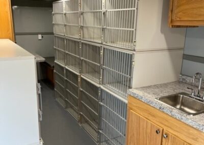 Interior of pet services specialty vehicle showing sink, countertop, and kennels.