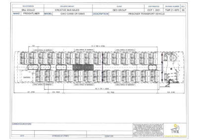 Large prisoner transport specialty vehicle blueprint showing floorplan.