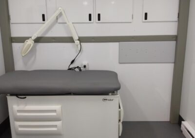 Exam table inside healthcare vehicle