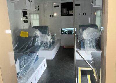 Inside of blood mobile with plastic covering seats