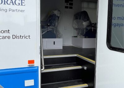 Doorway outside of San Diego Blood Bank bloodmobile leading to chairs inside