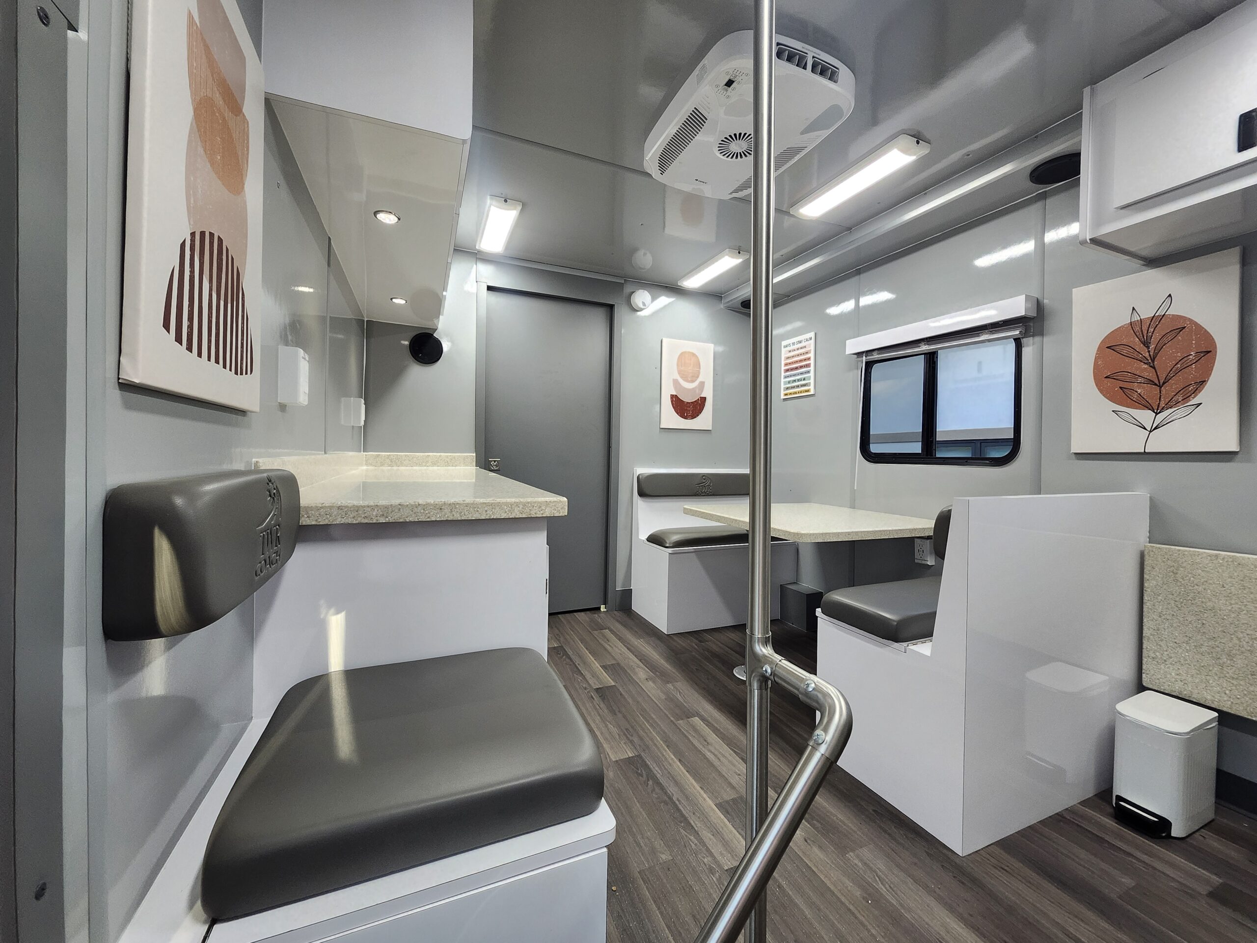 Exterior of mobile cooking unit specialty vehicle of serving windows.